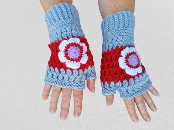 Arm warmers crochet fingerless gray red gloves with large crochet flower, a fashionable accessory for every season