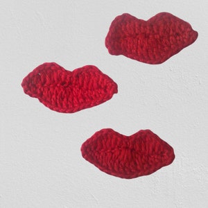 Red lips crocheted, 3 pieces crocheted mouth crochet application, lip patch, bulging red cotton lips image 1