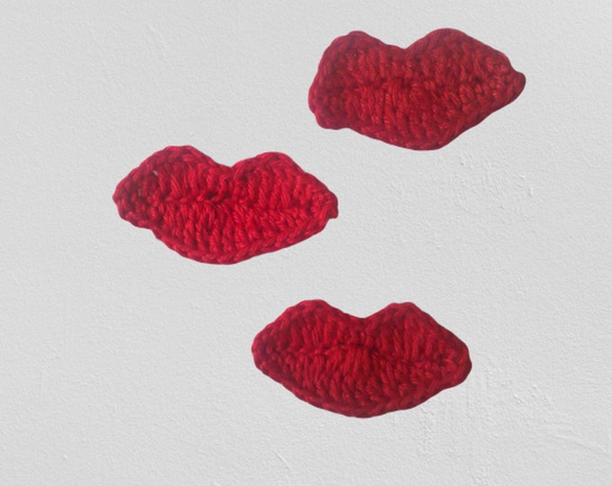 Red lips crocheted, 3 pieces crocheted mouth crochet application, lip patch, bulging red cotton lips