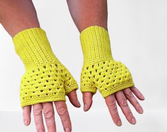 Gehäkelte fingerlose Handschuhe, Winterhandschuhe, gelbe Baumwollhandschuhe