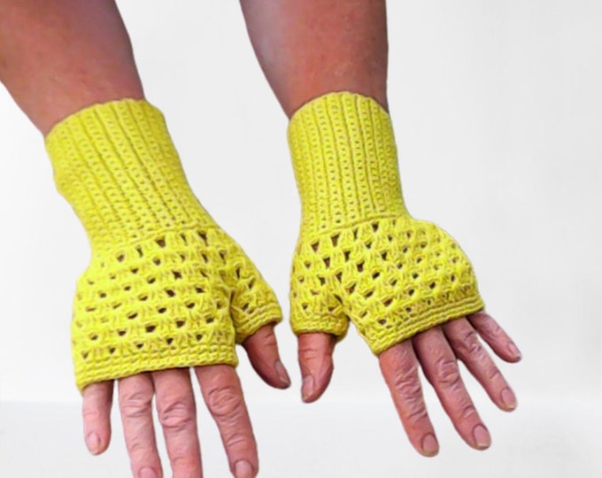 Crochet fingerless gloves, winter gloves, yellow cotton gloves