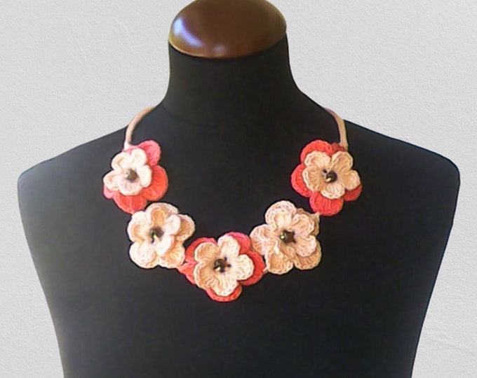 Crocheted necklace, crochet neck accessory, beige apricot colour, 100% cotton