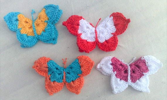 Animals crochet, 4 butterfly appliqués in colored mix crochet patches for sewing accessories and crafts