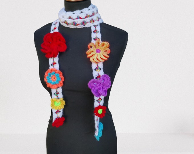 Floral boho necklace, colorful crochet scarf, textile art pendant, fine hippie scarf, unique scarf, colorful flower, valentines day gift