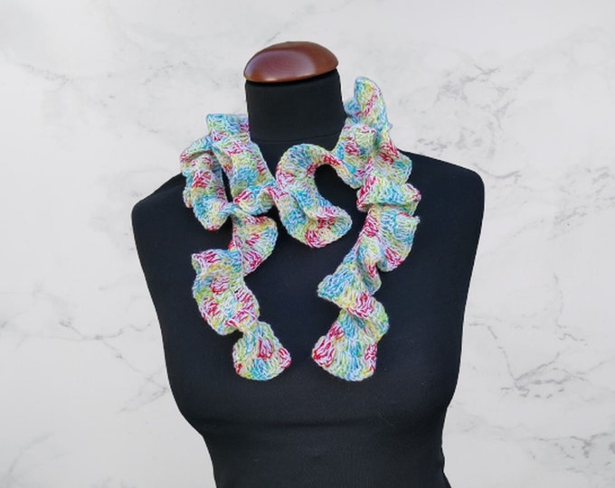 Pastel Ruffle Scarf Crocheted Lariat Festival Summer Infinite Freeform Extra Long Skinny Thick Soft Wool Total Length 73"