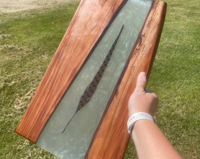 Cherry and Pheasant Feather Epoxy Charcuterie Board