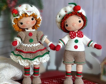 Сhristmas Gingerbread Doll Crochet Pattern Amigurumi toy doll Mira and Patrick