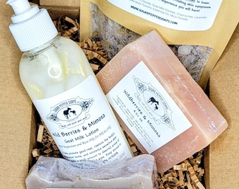 Goat Milk and Magnesium Gift Set with 2 goat milk soaps, 1 eight ounce lotion, and 1 magnesium milk bath