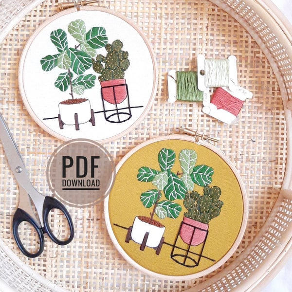 Fiddle Leaf Fig and Prickly Pear | PDF Download Embroidered Plant Pots, Embroidery Pattern, Embroidery Pattern Download, Fiddle Leaf Fig