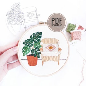 Monstera and Wicker Chair Embroidery Pattern | PDF Pattern, Embroidered Plants, Mid Century Embroidery, Modern Embroidery, Embroidery Kit