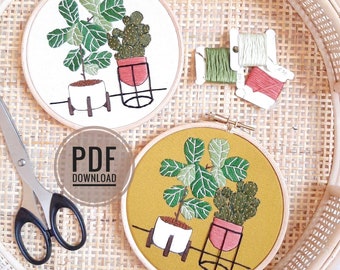 Fiddle Leaf Fig and Prickly Pear | PDF Download Embroidered Plant Pots, Embroidery Pattern, Embroidery Pattern Download, Fiddle Leaf Fig