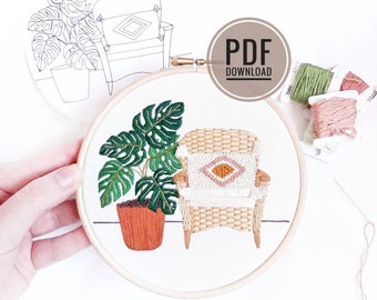 Monstera and Wicker Chair Embroidery Pattern | PDF Pattern, Embroidered Plants, Mid Century Embroidery, Modern Embroidery, Embroidery Kit