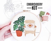 Monstera and Wicker Chair Modern Embroidery, Embroidery Pattern, Embroidery Plants, Embroidery Kit, Mid Century, DIY Kit, Needlecraft