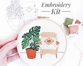 Monstera and Wicker Chair Modern Embroidery, Embroidery Kit Modern, Embroidery Plants, Embroidery Kit Hoop, Embroidery Kit,