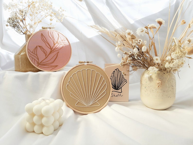 DIY Kit Shell Art Embroidery Pattern Modern Embroidery Sewing Gift Craft Kit Scallop Shell /& Autumn Leaves Beginner Embroidery Kit