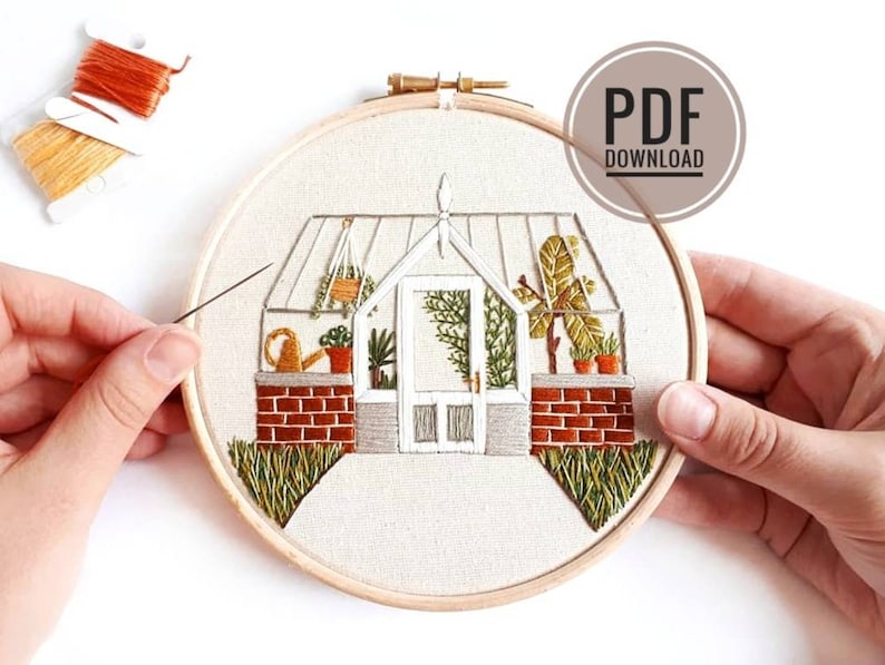 Victorian Greenhouse Embroidery Pattern PDF Pattern, Modern Embroidery, Embroidery Pattern Download, Embroidery Modern, Embroidered Plants image 1