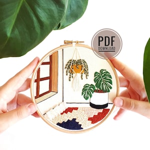 Mid Century Scene with Monstera & Rug | Embroidery Pattern PDF, Modern Embroidery, Embroidery Pattern Download, Embroidery Pattern Modern