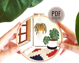 Mid Century Scene with Monstera & Rug | Embroidery Pattern PDF, Modern Embroidery, Embroidery Pattern Download, Embroidery Pattern Modern