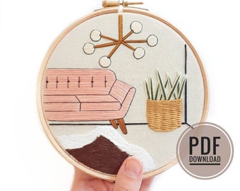 Mid Century Scene with Sofa & Rug | Embroidery Pattern PDF, Modern Embroidery, Embroidery Pattern Download, Embroidery Pattern Modern