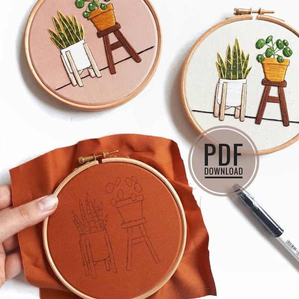 Beginner Embroidery PDF Download | Pilea & Snake Plant | Embroidery Pattern Beginner, Embroidery Pattern PDF, Modern Embroidery, Pattern