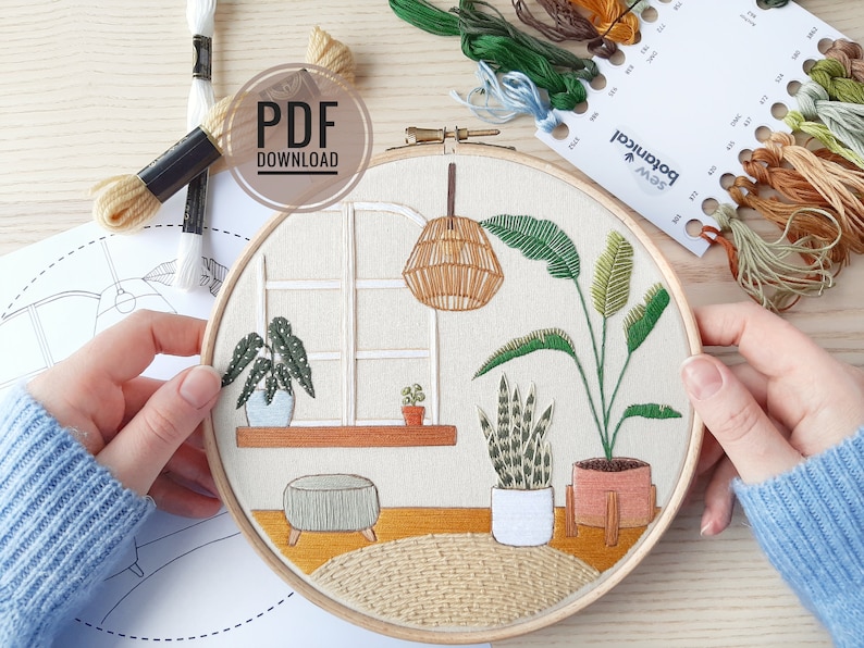 Urban Jungle Advanced Embroidery Pattern PDF Download DIY Embroidery Pattern Download, Modern Embroidery Hoop, Sewing Gift image 1