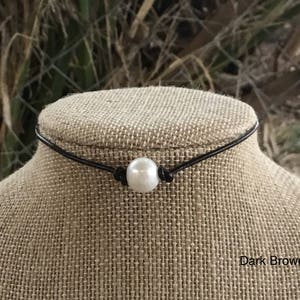 Leather Pearl Choker, Dark Brown Leather Pearl Necklace, June Birthstone, Lobster clasp, Organza Bag, Gift For Her, Free Shipping
