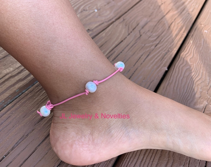 Leather Pearl Anklet, Freshwater Pearl Ankle Bracelet, Boho, Birthday Gift, June Birthstone, Affordable Christmas Gift, Gift For Her