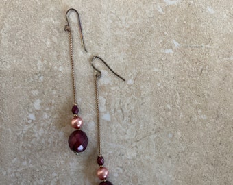 Long Chain and Deep Red and Pink Women’s Drop Earrings