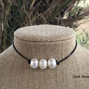 Leather Pearl Choker, Dark Brown Leather Triple Pearl Necklace,  Affordable Gift, June Birthstone, Gift For Her