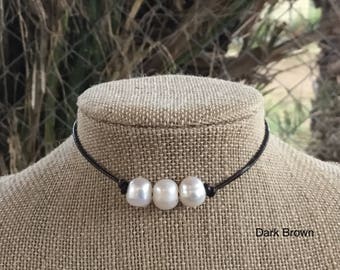Leather Pearl Choker, Dark Brown Leather Triple Pearl Necklace,  Affordable Gift, June Birthstone, Gift For Her