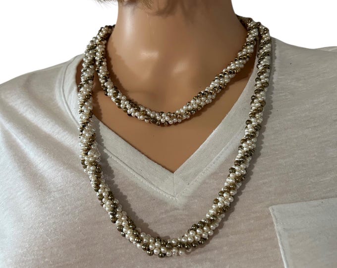 Vintage Faux Pearl and Gold Long Necklace