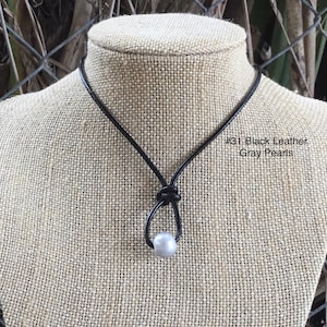 Leather Pearl Necklace, Gray Pearl Necklace, 2mm Leather Necklace, Single Pearl Necklace, Boho, Affordable Gift,  Gift For Her