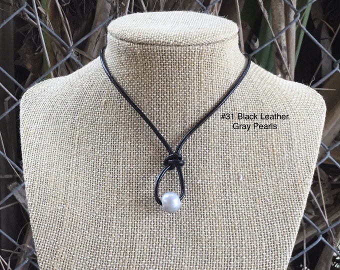 Leather Pearl Necklace, Gray Pearl Necklace, 2mm Leather Necklace, Single Pearl Necklace, Boho, Affordable Gift,  Gift For Her