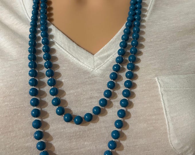 Vintage Faux Ocean Blue Beaded Long Necklace