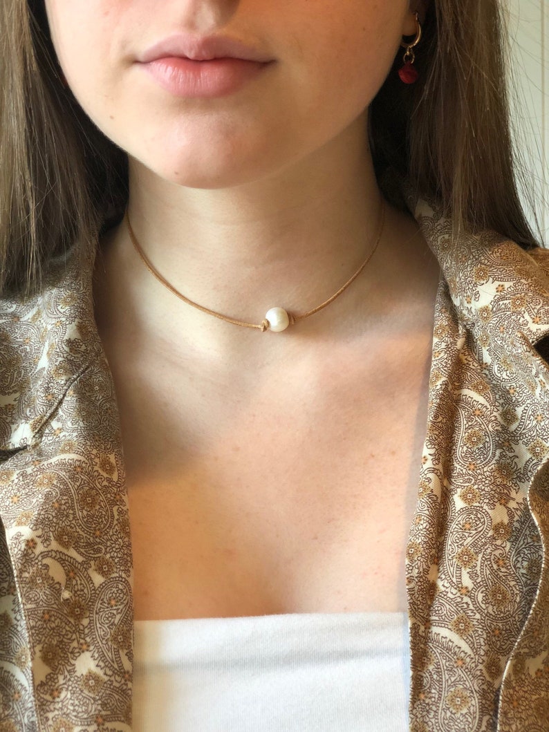 Leather Pearl Choker, Leather Necklace, June Birthstone, Boho necklace, Birthday Gift, Affordable Christmas Gift, Gift For Her image 5