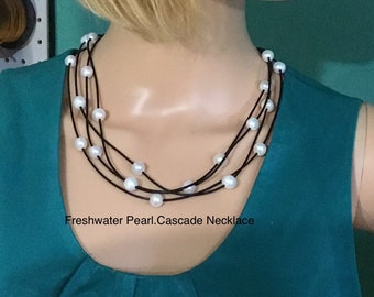 Freshwater Pearl Leather Cascade Necklace