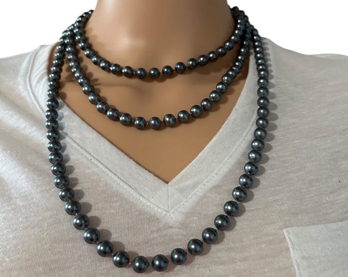 Vintage Dark Gray Faux Pearl Long Necklace
