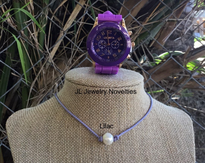 Leather Pearl Necklace, Geneva Watch,  Lilac Leather Pearl Choker, Geneva Watch, Affordable Christmas Gift, Gift for Her