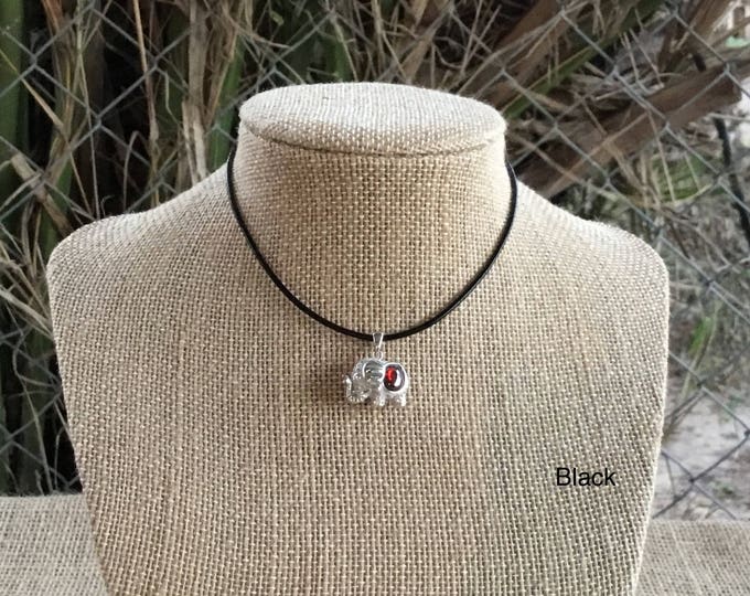Leather Pendant Necklace, High Quality Silver 925, Red Stone Elephant, Pendant and Leather Necklace, Magnetic Clasp, 2mm Cord
