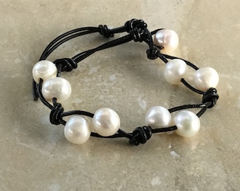 Leather Pearl Bracelet, Nine(9) Pearl Leather Bracelet, Boho, Affordable Christmas Gift, June Birthstone, Gift For Her