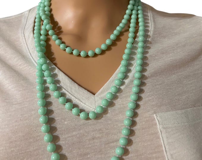 Vintage Faux Jade Mint Beaded Necklace Extra Long