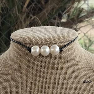 Triple Pearl Necklace, Black Leather Pearl Choker, Real Pearl Necklace, Boho, June Birthstone, Affordable Christmas Gift, Gift For Her