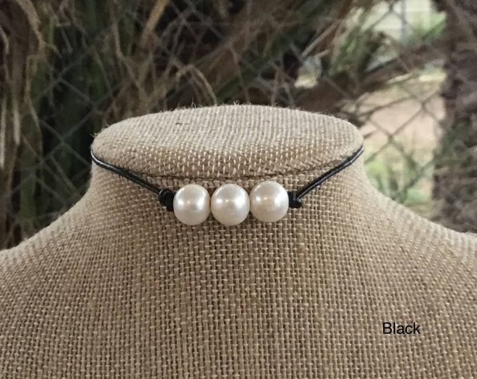 Triple Pearl Necklace, Black Leather Pearl Choker, Real Pearl Necklace, Boho, June Birthstone, Affordable Christmas Gift, Gift For Her