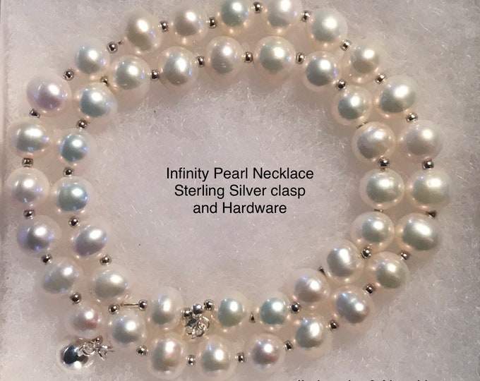 Infinity Pearl Necklace, Freshwater Pearl Necklace, Birthday Gift, Wedding Gift, Bridal Gift, June Birthstone, Organza Bag, Free Shipping