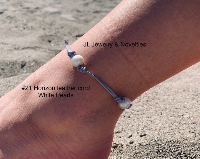 Leather Pearl Anklet, Double Stranded Pearl Ankle Bracelet, Four(4) Pearl Ankle Bracelet, Birthday Gift, June Birthstone, Gift For Her