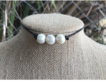 Leather Choker Necklace, Triple Pearl Choker Necklace, June Birthstone, Boho, Affordable Christmas Gift, Gift For Her