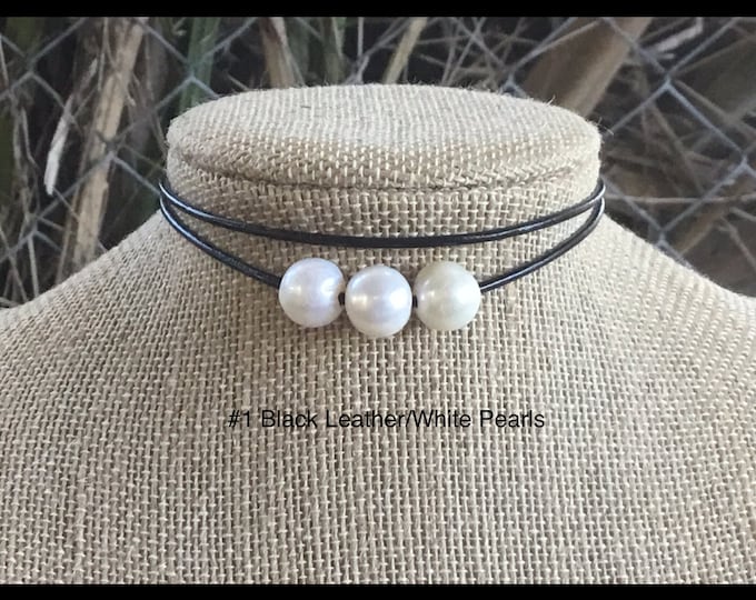 Leather Pearl Choker, Triple Pearl Choker, Double Stranded Choker, Lariat Choker, Affordable Christmas Gift, June Birthstone, Gift For Her