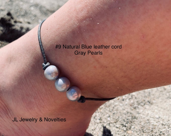 Leather Pearl Anklet, Gray Pearl Ankle Bracelet, Triple Pearl Anklet, Boho, Birthday Gift, Affordable Gift, Gift For Her