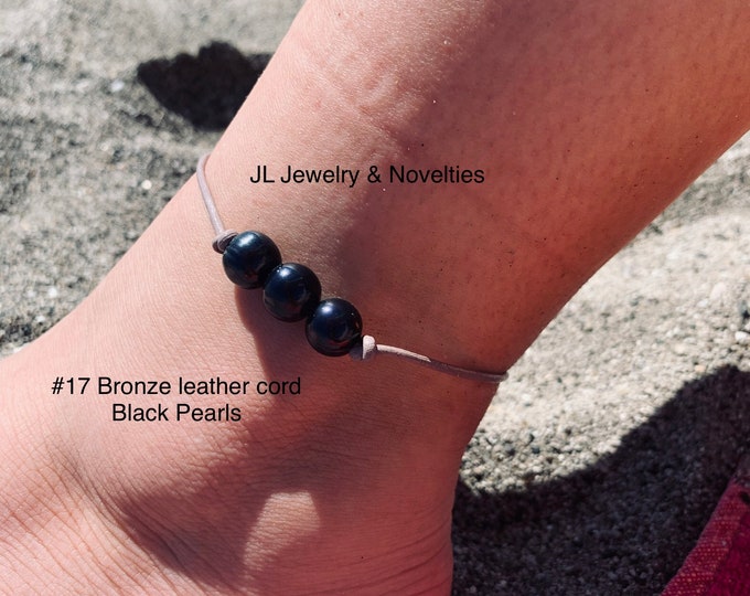 Leather Pearl Anklet, Black Pearl Ankle Bracelet, Triple Pearl Anklet, Boho, Birthday Gift, Affordable Gift, Gift For Her