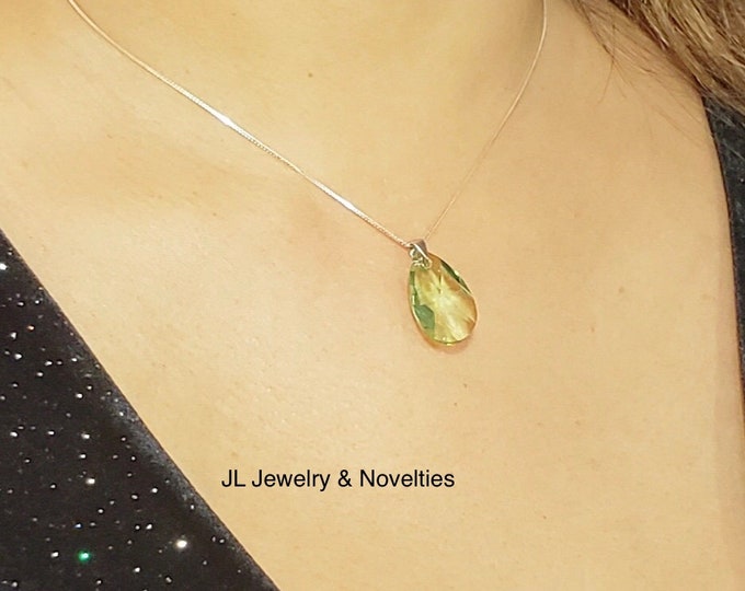 Swarovski Peridot Crystal Necklace, Peridot Crystal, Adjustable Sterling Silver Box Chain/Magnetic Clasp, Organza Bag,Free Shipping